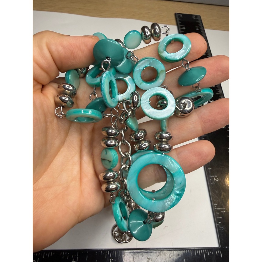 Turquoise Resin Ring Silver Tone Layered Statement Necklace Adjustable 20 Inch